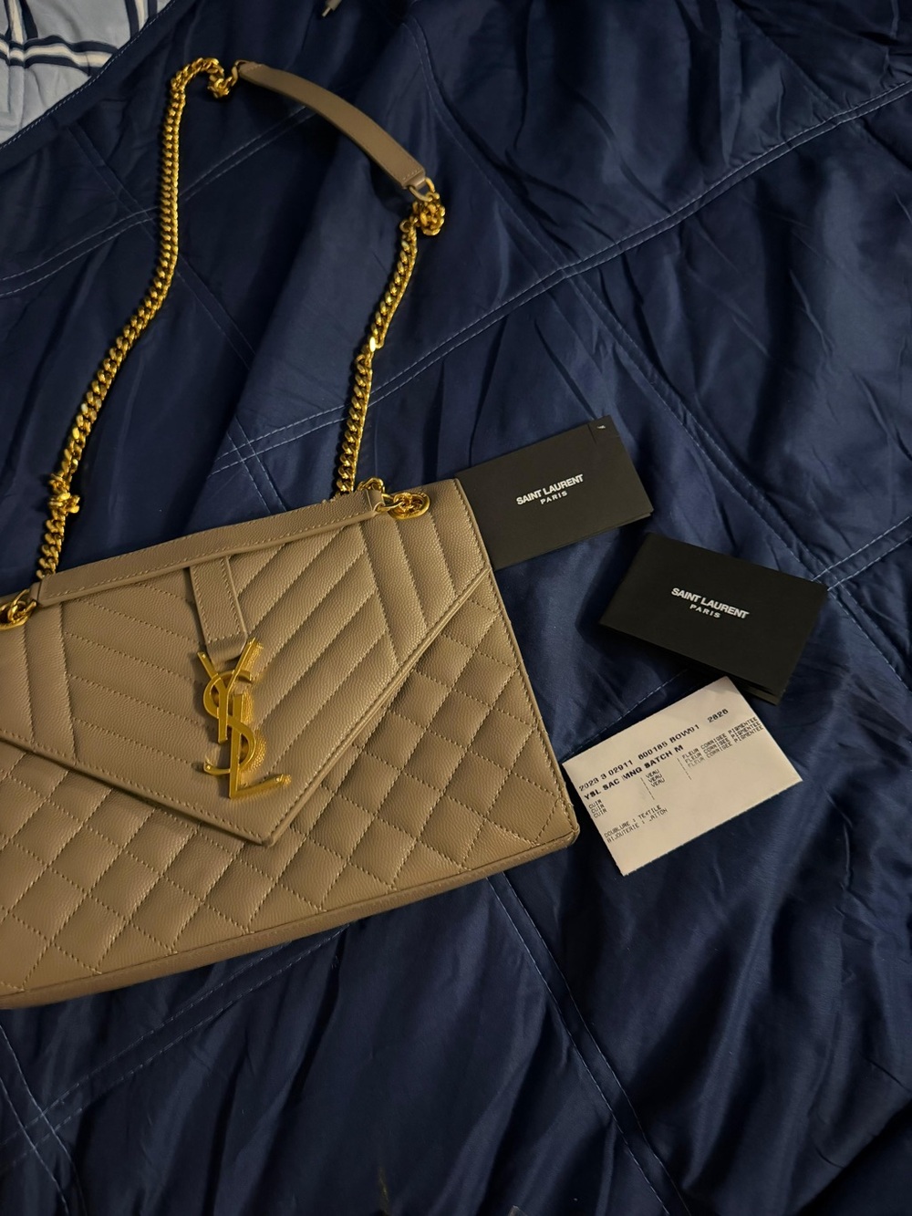Saint Laurent Quilted Shoulder Bag in Taupe with Gold Hardware